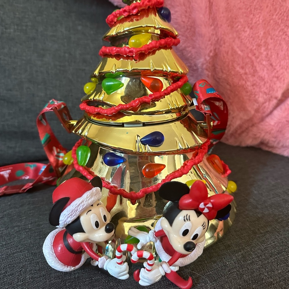 WDW 50th Light Up Gold Christmas Tree Popcorn Bucket Mickey & Minnie Mouse